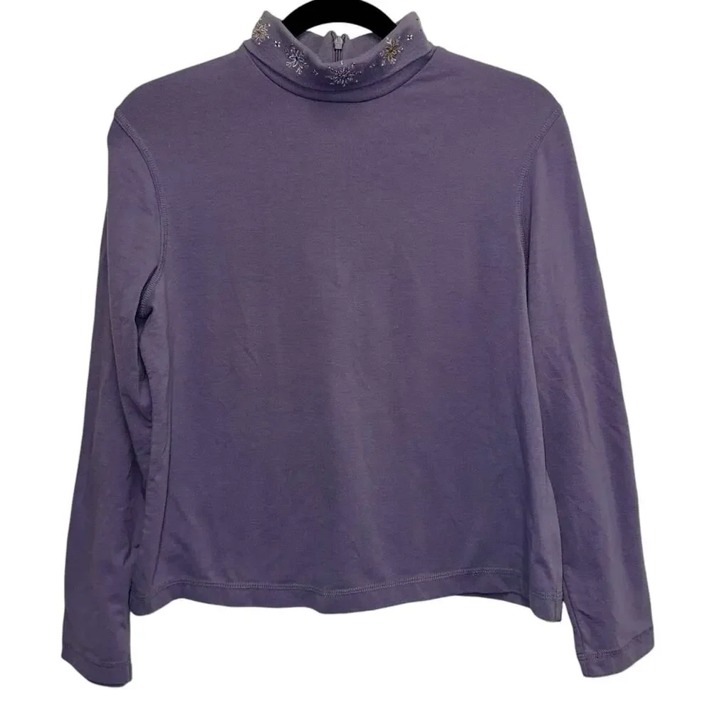 Koret Petites Lavender‎ Embroidered Mock Neck Top Women's Medium